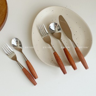 Glossy Retro Rosewood Solid Wood Handle 304 Stainless Steel Knife and Fork Dessert Spoon Tableware Western Steak Knife, Fork and Spoon