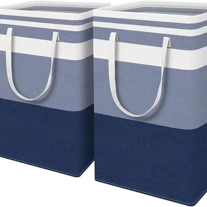 Bolsa de almacenamiento de tela de Amazon transfronteriza cesta de almacenamiento de tela cesta de lavandería plegable a rayas ropa sucia edredón de algodón en movimiento