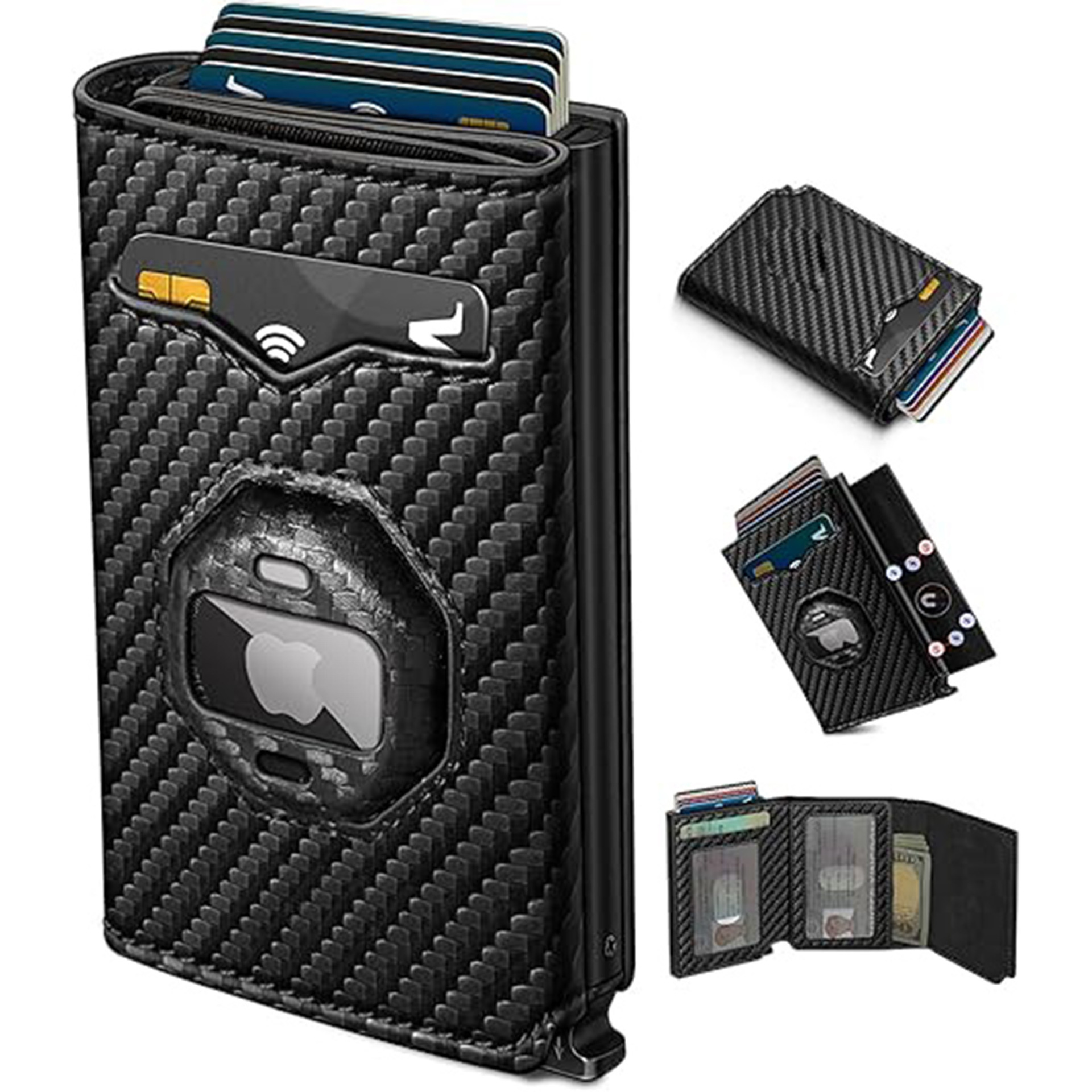 Monedero de rastreo transfronterizo de airtag de hombre multi-tarjeta de fibra de carbono cartera de tarjetas de cartera antirrobo de cepillo de cuero de hombre