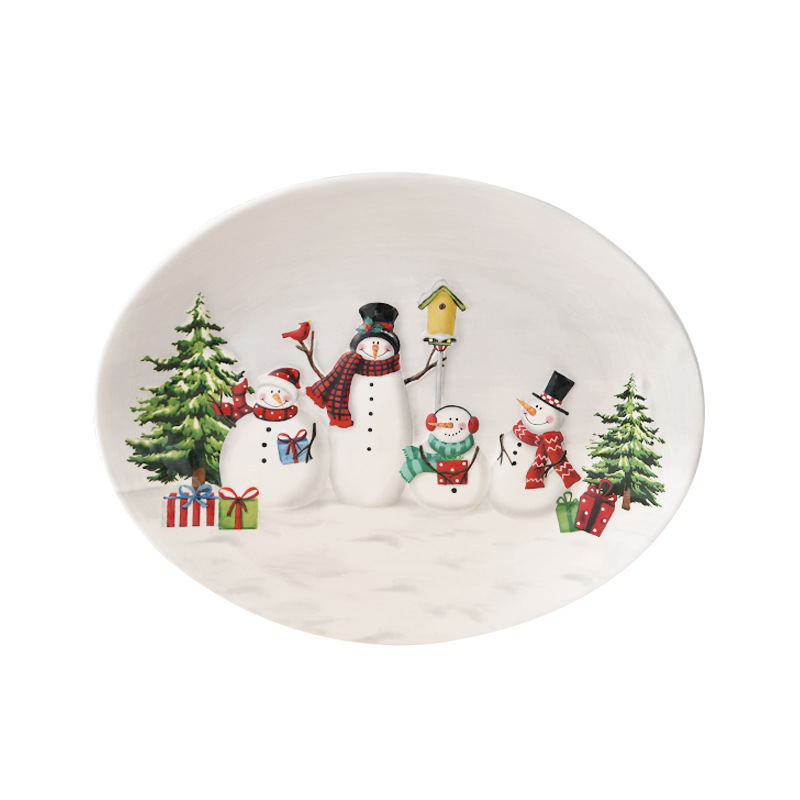 Nórdico país Navidad muñeco de nieve disco de cerámica estilo occidental plato oval postre placa hogar vajilla en relieve