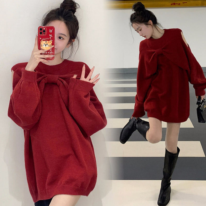 투피스 임산부 정장 패션 2025 가을 겨울 리본 니트 긴팔 스웨터 루즈 캐주얼 정장