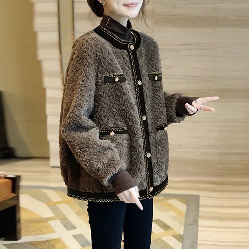 棕色小香风羊羔毛绒短外套女加厚皮毛一体上衣2025秋冬新款欧洲站|undefined