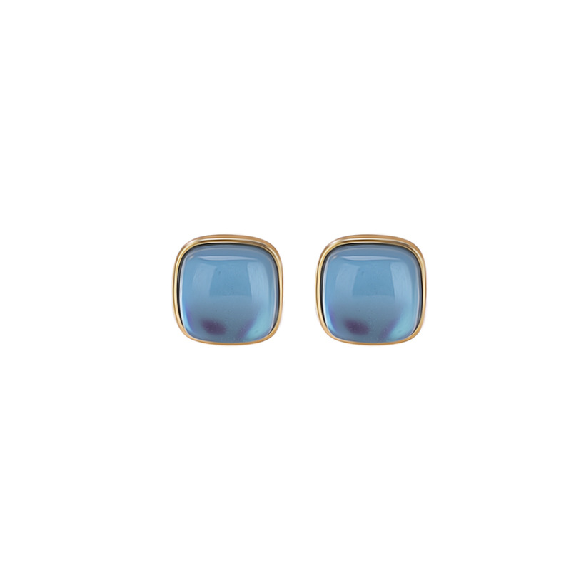Khuyên tai nữ bạc S925 đính đá aquamarine hình vuông phong cách tối giản — Bạc