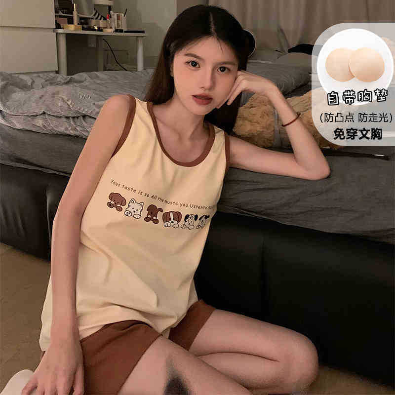 Summer Korean Style Cute and Sexy 2025 New Style Women's Suspender Pajamas with Breast Pads Summer Home Wear Two-Piece Suit
