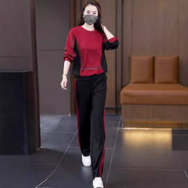 休闲时尚套装2025新款大码女装撞色圆领卫衣阔腿裤两件套女