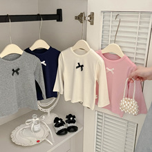 儿童宝宝春秋装新款韩版蝴蝶结圆领长袖t恤女童纯色百搭打底衫潮