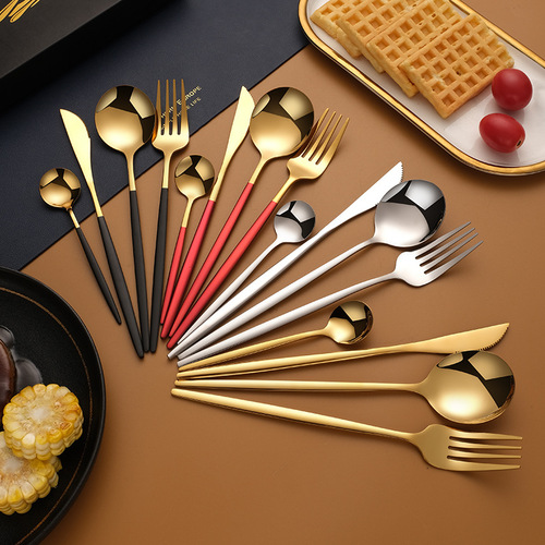 304 stainless steel cutlery, forks, spoons and chopsticks creative Portuguese Western tableware black gold glossy steak cutlery set wholesale