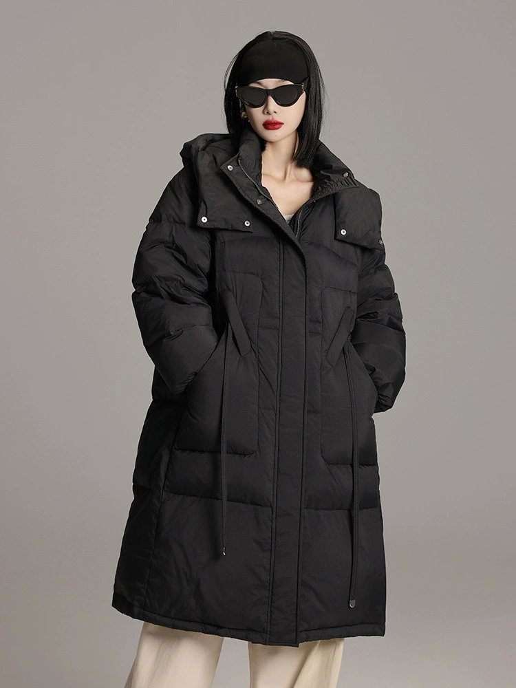 Velvet winter down jacket, duck down, hooded maxi length, oversized, increased thickness