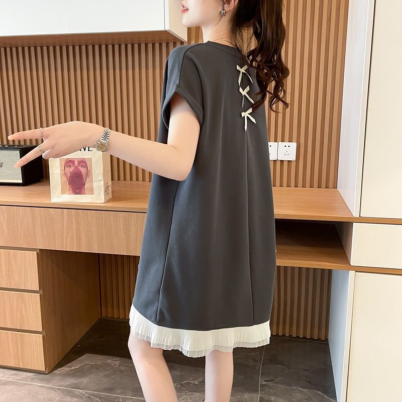 Fake Two-Piece Lace Splicing Short-Sleeved T-Shirt for Women, New Summer Style, Korean Style, Loose, Fashionable, Versatile Dress Ins