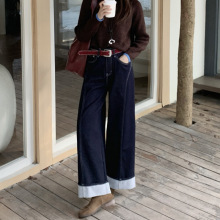 定制 十三行高端复古深蓝色宽松直筒牛仔裤加绒垂感阔腿裤女工厂