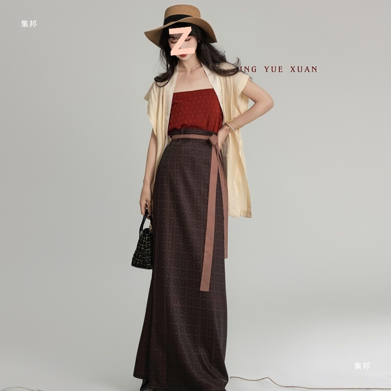[Summer Solstice] Original Han Dynasty Women's Song Dynasty Vest Cardigan Pure Color Suspender Daily Work Clothing Two-Piece Skirt Swirl Skirt