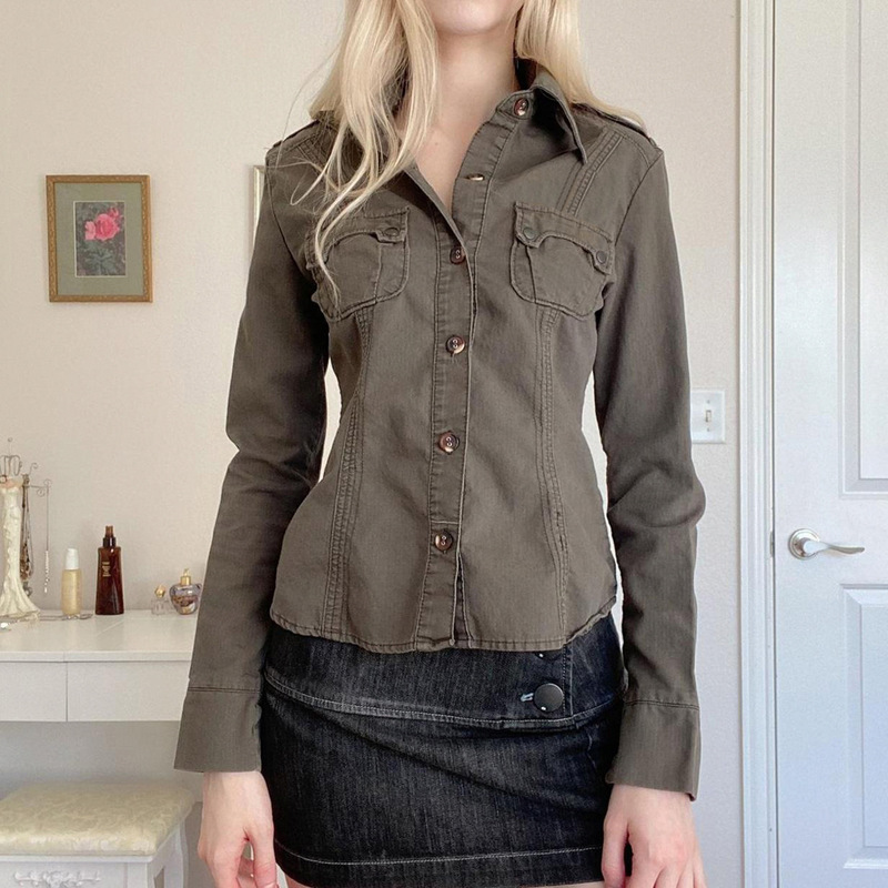 Autumn and Winter New Pocket Patchwork Workwear Style Shirt Top Hot Girl Street Vintage-Inspired Lapel Button Cardigan Jacket