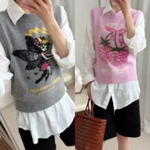 真羊毛！26春新款精灵树莓图案圆领宽松羊毛混纺套头马甲背心女