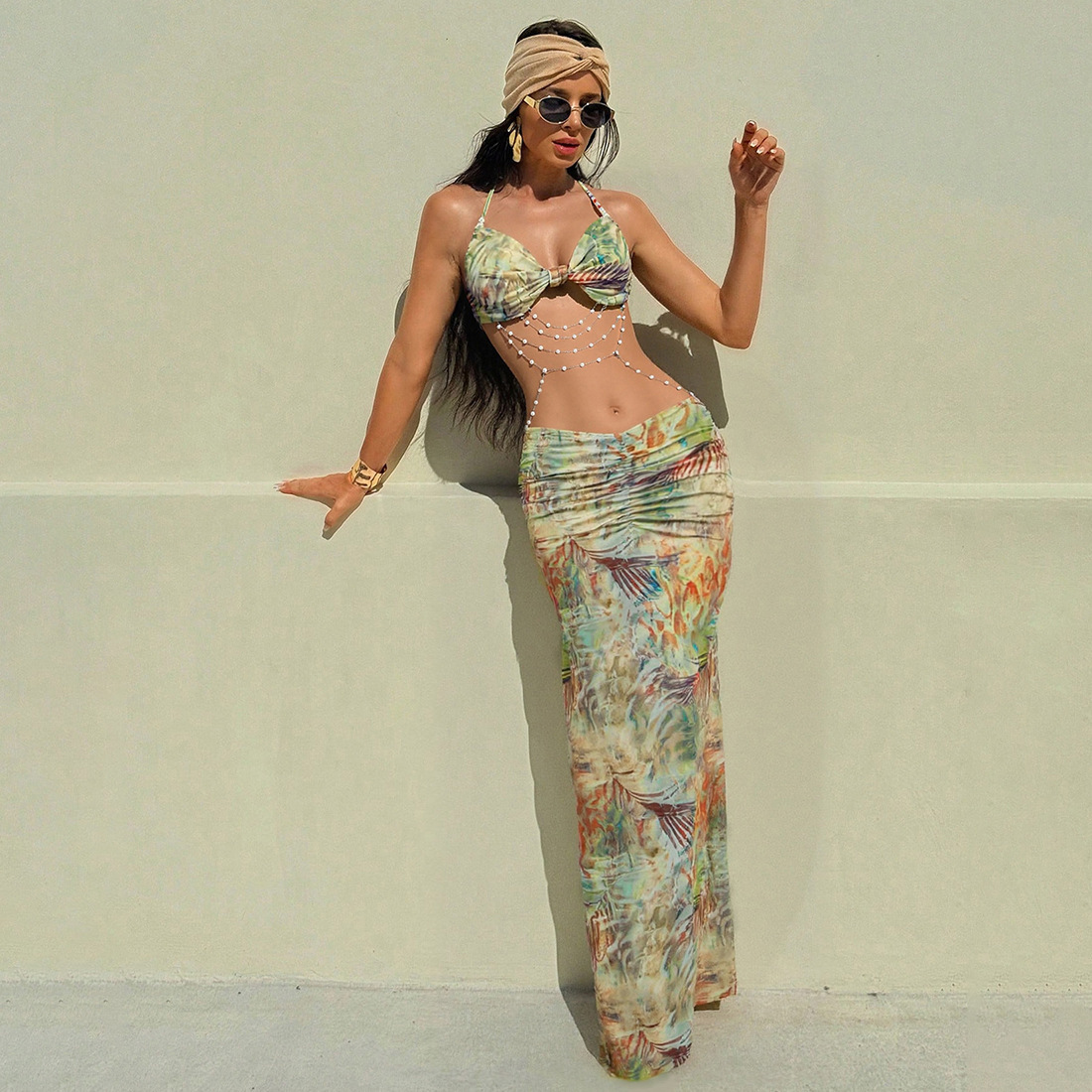 Women's Sexy Halter Tie Beaded Chain Backless Bodycon Maxi Dress – Spring Party Gown_ecoleips.com