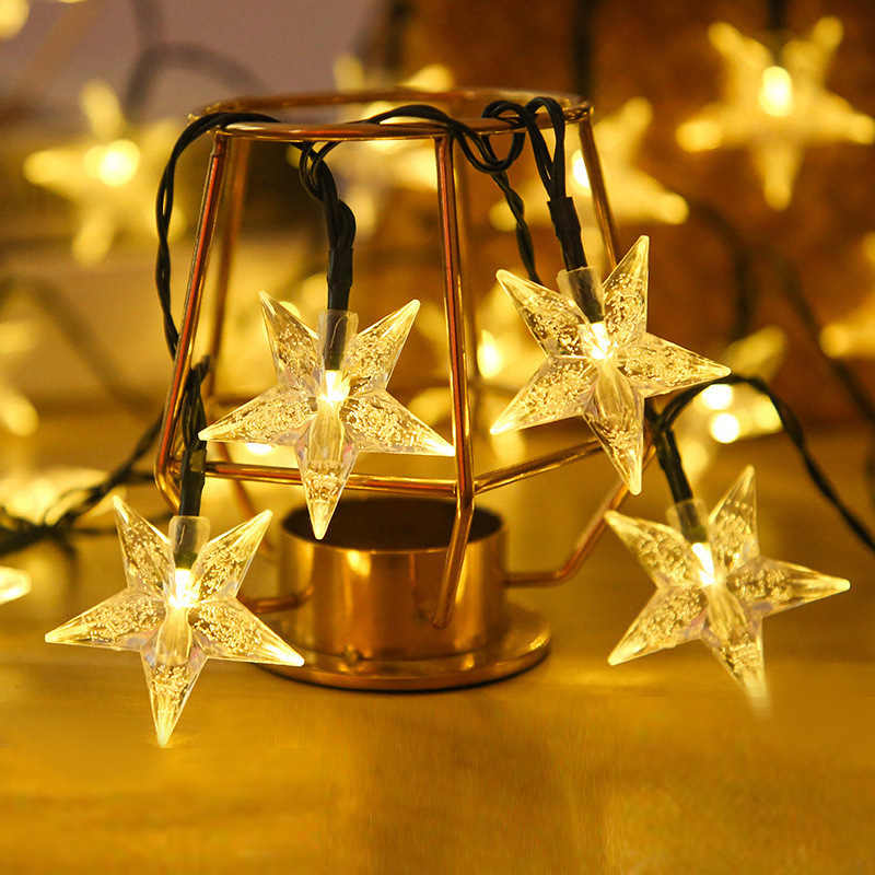 Transfronterizo nuevo LED solar estrella luz cadena al aire libre impermeable patio Decoración LED burbuja estrella color intermitente luz cadena