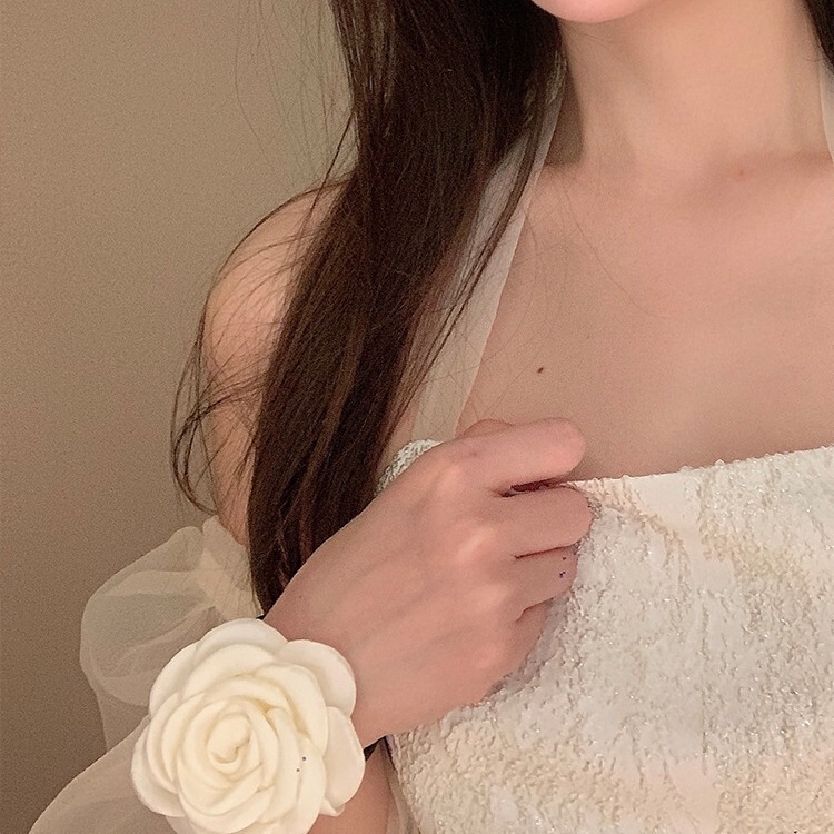 レトロな小香風の髪紐の女性のツバキの花の髪紐の白いバラの気質の髪輪の百合の皮の筋の頭飾りの髪飾り|undefined