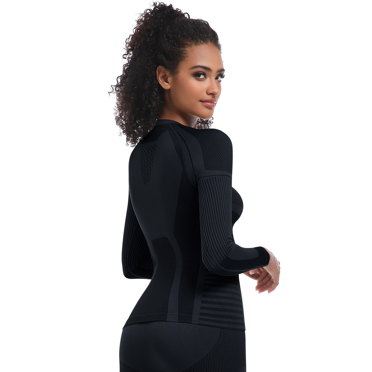 Neu Nahtlose Stricken Engen Hohe Elastische Ski Anzug Langarm Sport Laufen Fitness Yoga Top_voghion.com