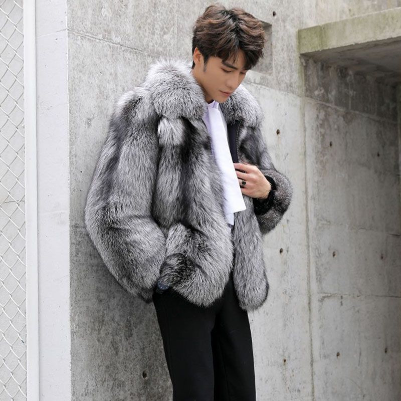 New autumn and winter fur men's coats, fashionable and casual silver fox fur coats, thickened warm lapels, loose large size_voghion.com