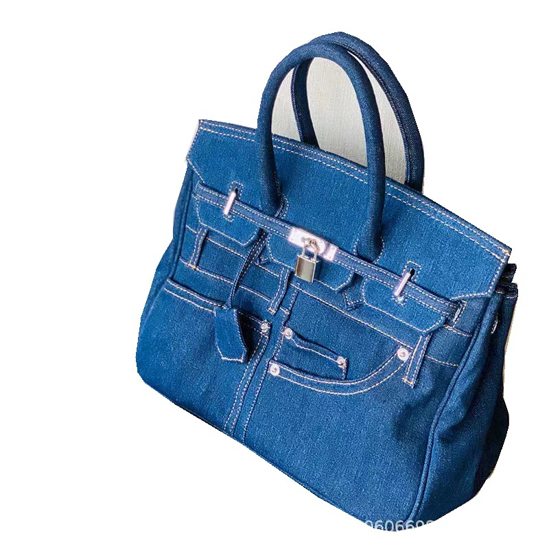 Denim one-shoulder bag, design platinum trousers, horizontal version