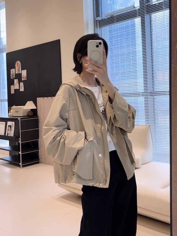 Lu Cabinet New Style! Mountain Style Hooded Windbreaker Casual Large Flap Pocket Pants Workwear Short Jacket Loose Autumn G091512