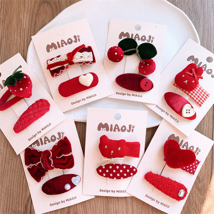 新年紅蝴蝶結可愛兔子劉海夾兒童髮夾絲絨愛心櫻桃發卡草莓邊夾