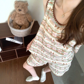 夏季ins纯棉纱无袖背心短裤睡衣女夏6新复古可外穿家居服