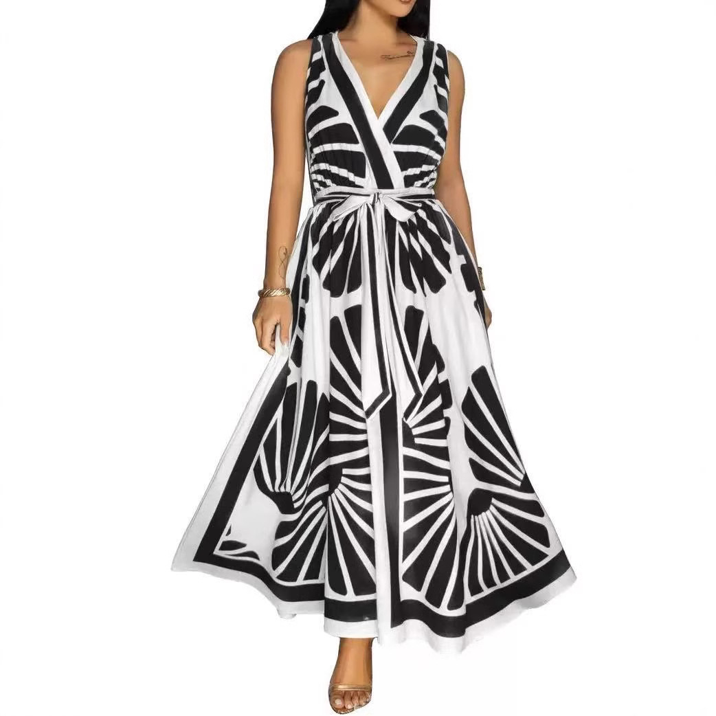 2025 Cross-Border Foreign Trade European And American Women's Clothing V-Neck Sleevel Bohemian Printed Long_ecoleips.com