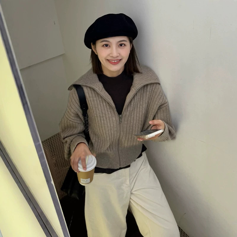 拉链翻领标准版型罗纹针织夹克26秋冬新款女高级慵懒羊毛混纺毛衣