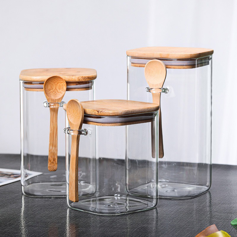 Tarro de vidrio hermético estilo japonés con cuchara, tarro de almacenamiento de cocina para granos, frutas secas, granos de café, contenedor cuadrado hermético.
