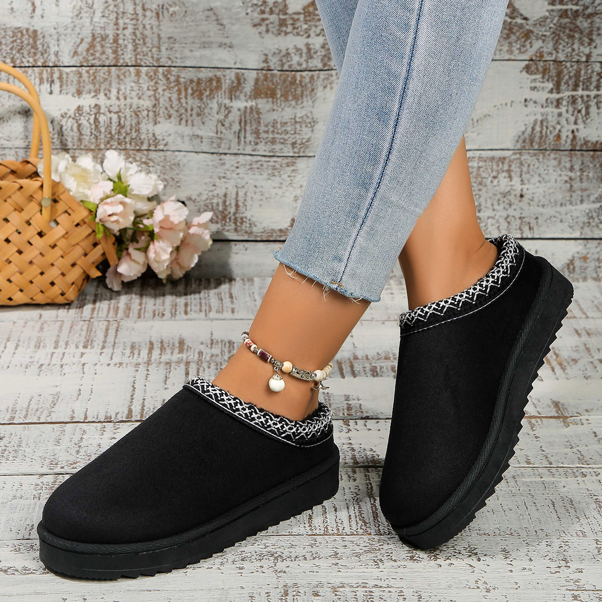Lace ethnic fashion snow boots women's shoes semi-drag cotton shoes autumn and winter indoor outdoor_viptrois.com