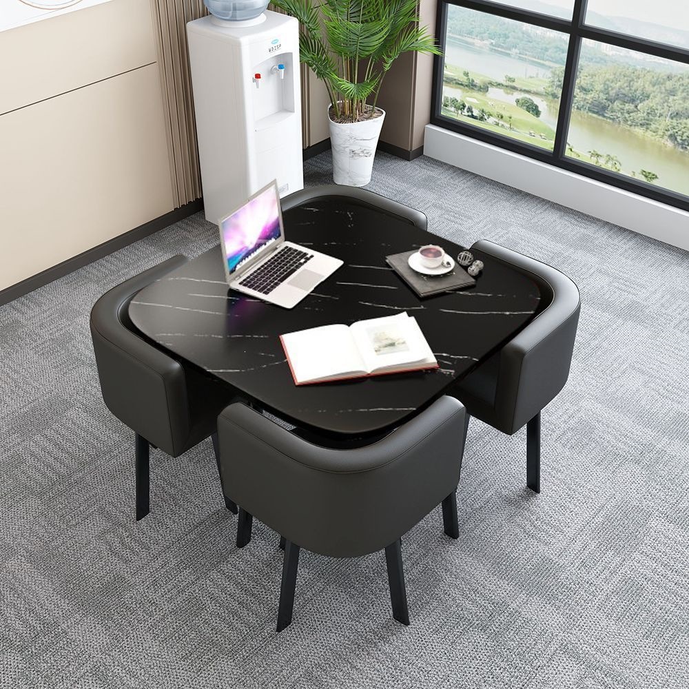 80CM black pattern square table + 4 black leather chairs