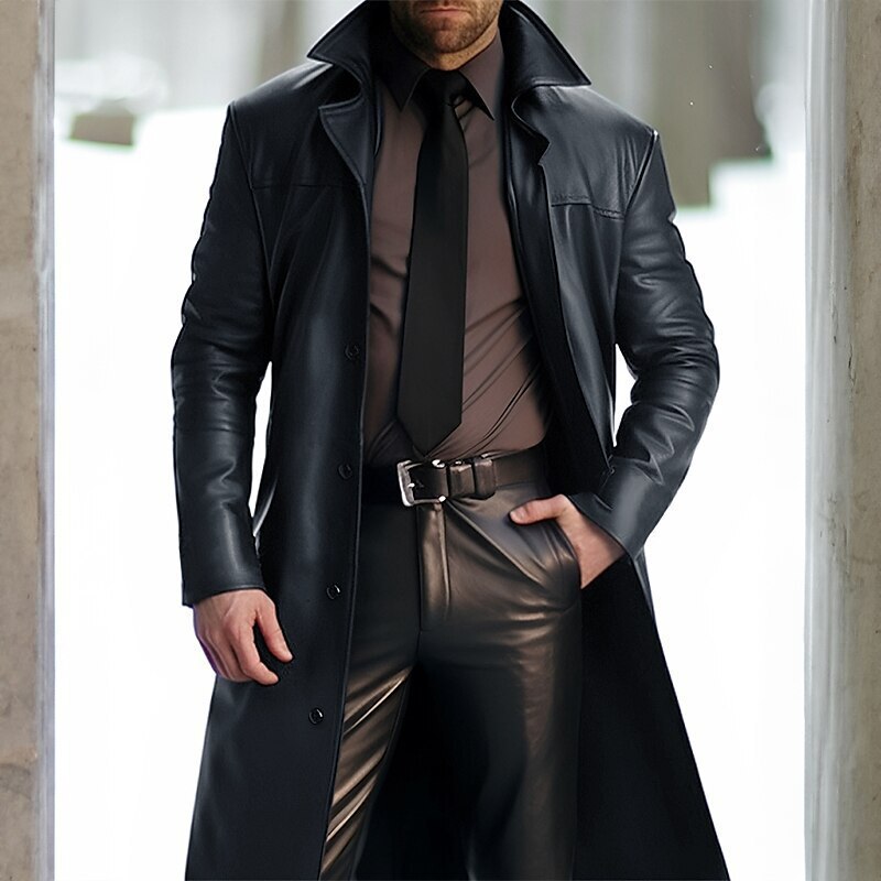 2024 cross-border new men's lapel solid color trench coat leather long 5U leather COS5LAY ZT41-special 575