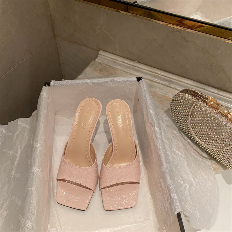 Square Toe Crystal & Transparent High-Heeled Sandals NSSO113732