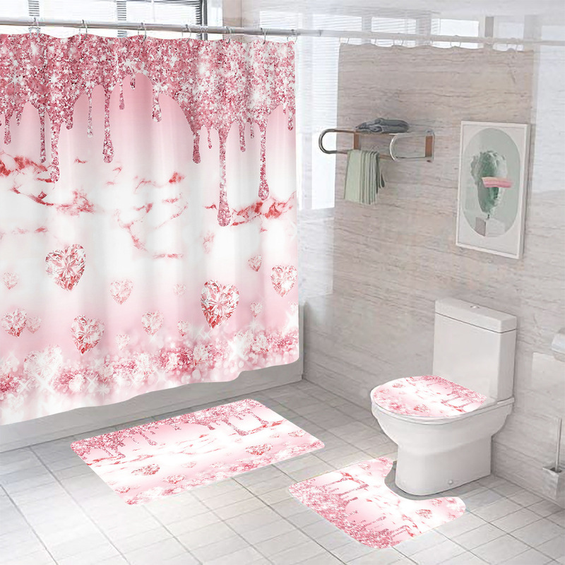 Cross-Border Polyester Bathroom Waterproof Shower Curtain Four-Piece Set with Bath Mat, Glitter Diamond Wholesale Shower Curtain Partition, No Drilling Required