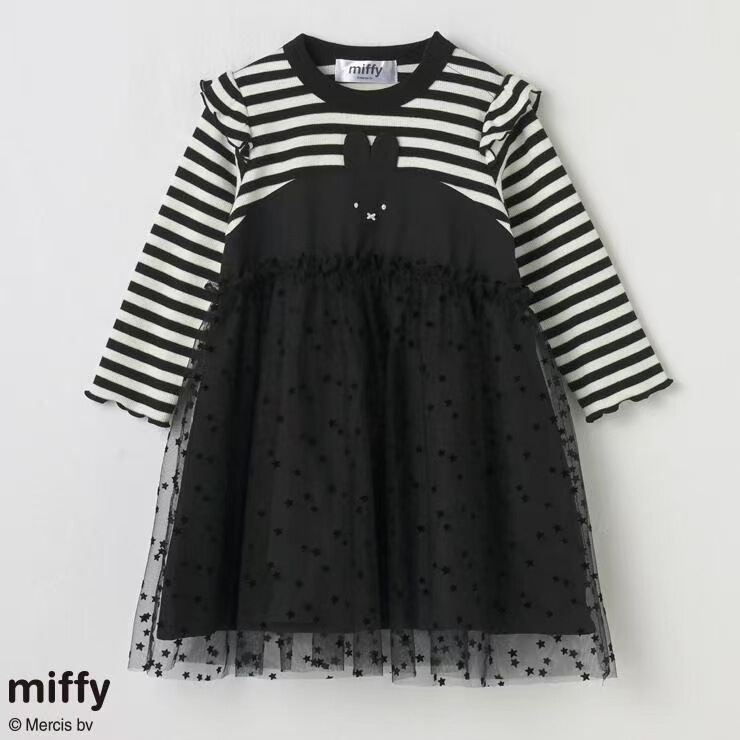 Japanese Children's Clothing 2025 Autumn New Mesh Dress Black and White Striped Long-Sleeve Dress
