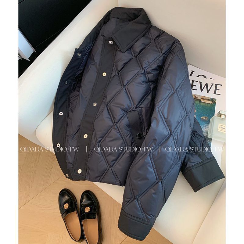 黑色菱格领棉服女秋冬新款短款小个子设计感轻薄棉衣外套|undefined
