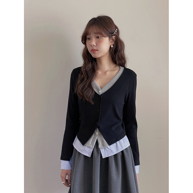 【Fashionable Commuting Rules】Geming Korean-Style Fake Two-Piece Knitted Cardigan Spring New Long-Sleeve Top Y2776F