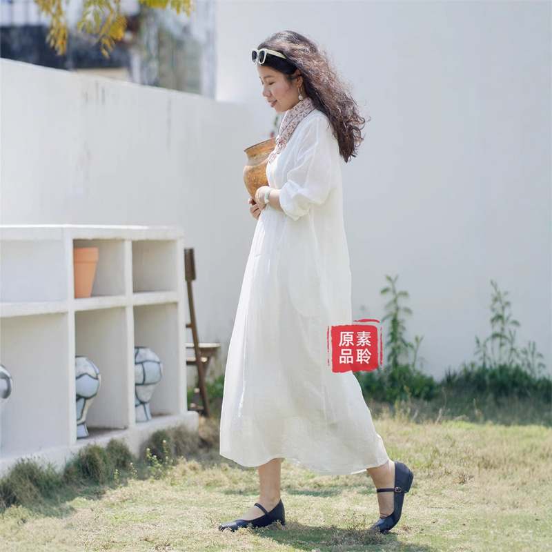 Spring and Summer Round Neck Gathered Ramie Double-Layer Dress Literary Retro Long-Sleeved Mid-Length Dress S1971 Spring and Summer Round Neck Gathered Ramie Double-Layer Dress Literary Retro Long-Sleeved Mid-Length Dress S1971