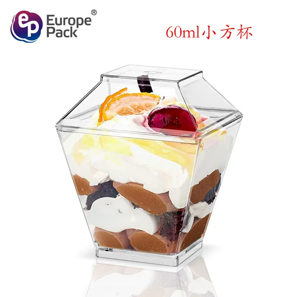 PS Plastic Thickened 60ml2ozl Square Dessert Mousse Cup Pudding Transparent Spoon Spot Cross-border ebay