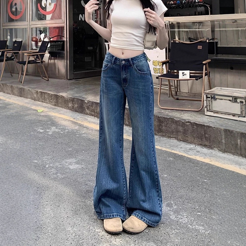 American Retro Style Dark Blue Jeans for Women, 2026 Spring/Summer New Low-Waist Loose Wide-Leg Flared Pants