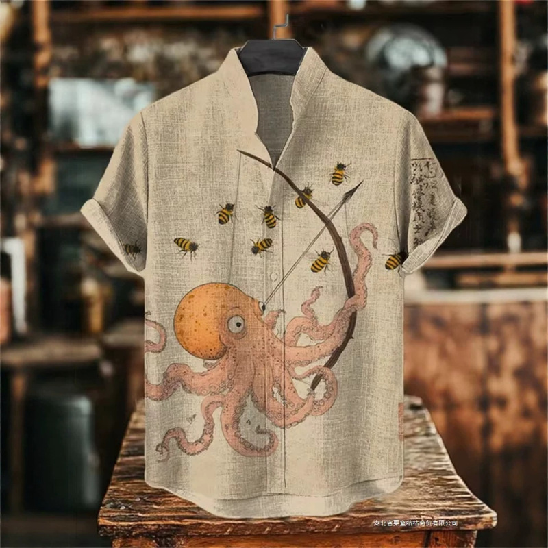 New Interesting Retro Linen Short-Sleeved Shirt for Men with Sardine Stripes and 3D Printed Pattern Casual Short-Sleeved Top