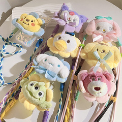 網紅ins毛絨公仔背夾側掛背帶式通用手機殼DIY斜跨手機鏈戶外掛脖