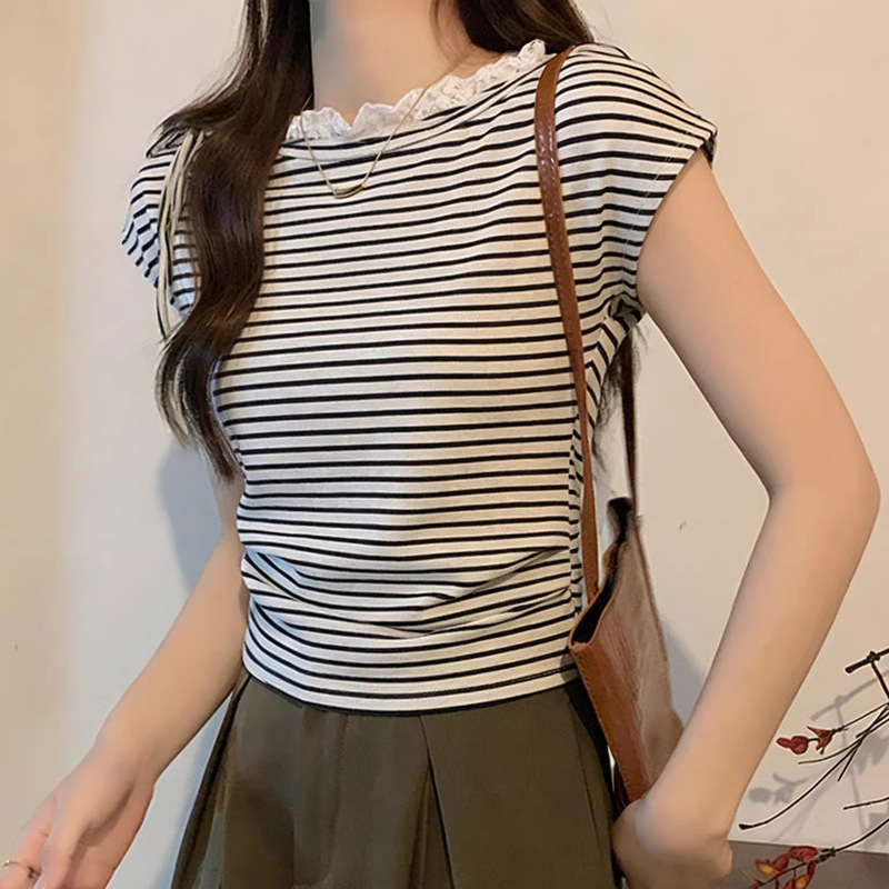 2026 Summer Pure Desire Black and White Striped Lace Trim Boat Neck Tie Short Sleeve T-Shirt for Women Sweet Style Short Top