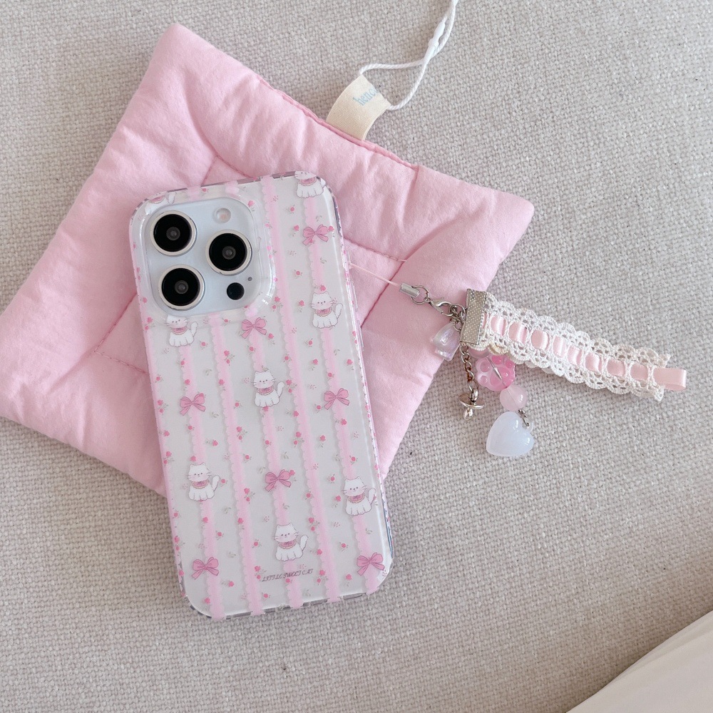Gato con lazo floral rosa coreano para Apple 15ProMax lindo 16Pro nicho 14/13 nuevo 16