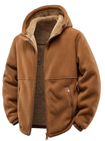 Cross-border outdoor men's warm hooded fleece jacket, thickened and lined with lamb fleece, casual outerwear