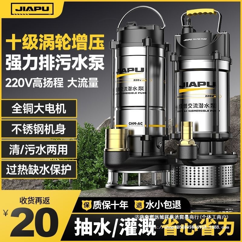 佳普不锈钢潜水泵220V家用小型抽水泵高扬程农用灌溉水井排污水泵