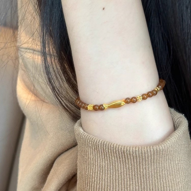 Vintage Tiger Eye Stone Goldfish Beaded Bracelet For Women_voghion.com