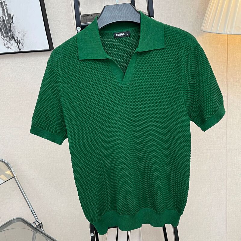 Men's Short-sleeved Thin Summer Solid Color Sweater V-neck Pullover Pineapple Needle Slim-fit Slim-fit Sweater