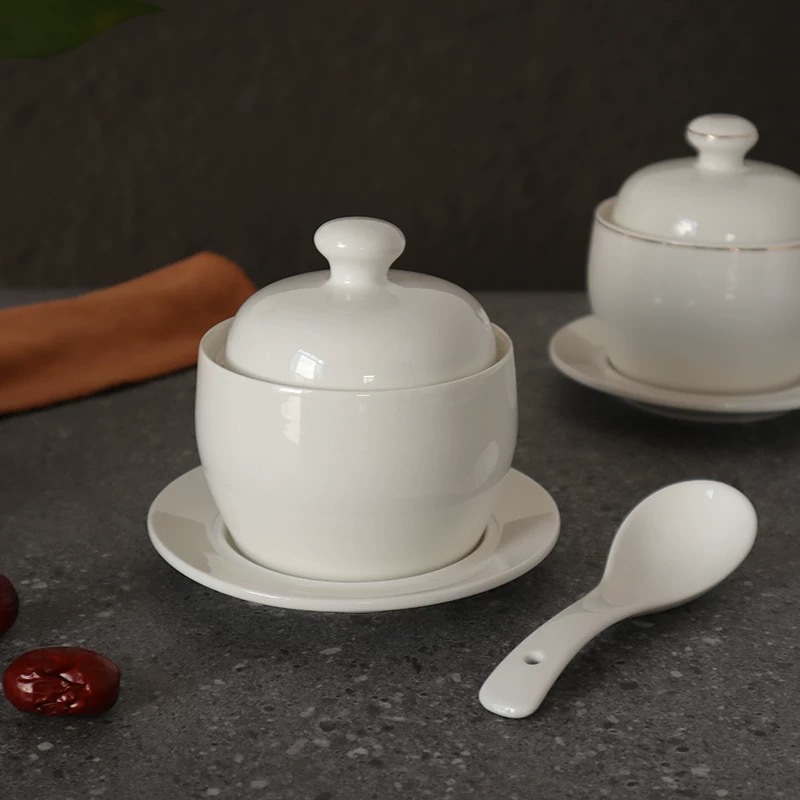 Ceramic Water-Proof Small Stew Pot, Hotel Restaurant Bird's Nest Bowl, Buddha's Wall Stew Soup Cup with Saucer, Antique Stew Pot