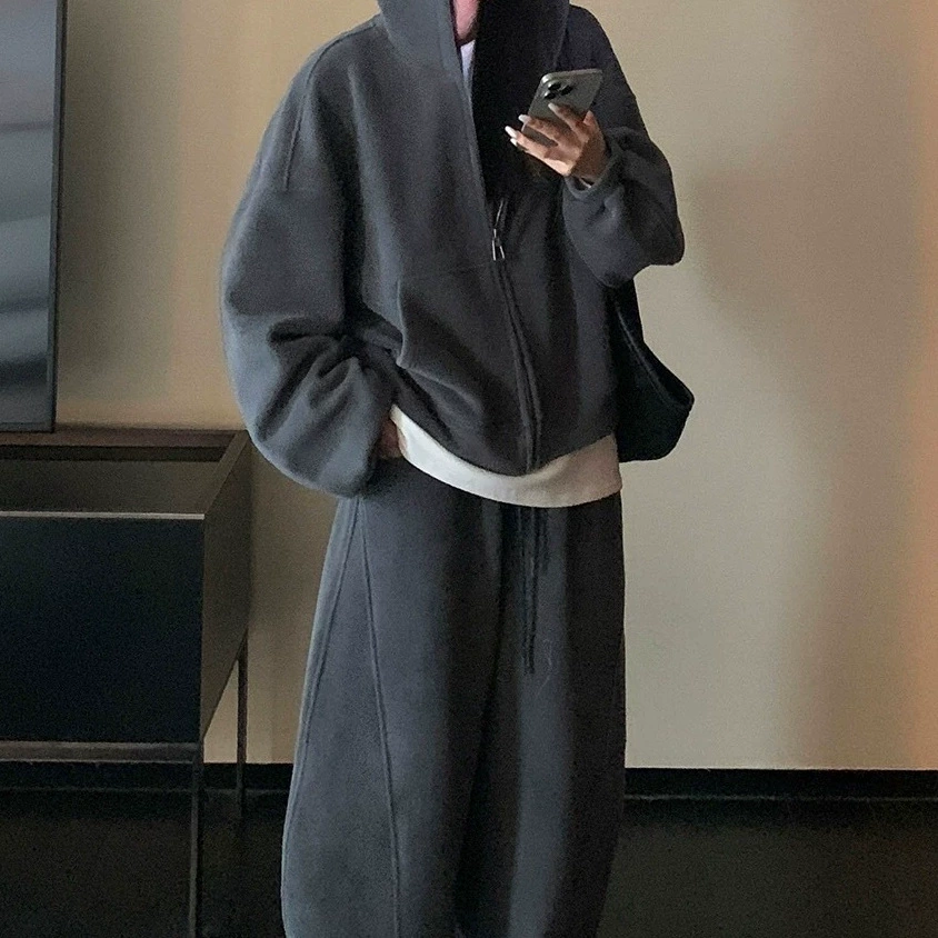 Двухсторонний флисный пушистый толстый толстый свитер с капюшоном толстый, свободный ретро широкие брюки набор из двух частей